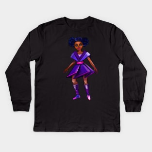 Anime girl with two puffs. Black afro anime girl in purple from outer space ! beautiful  black girl with Braided hair, blue eyes, Cherry pink lips and dark brown skin. Hair love ! Kids Long Sleeve T-Shirt